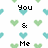 Pixelated text reads 'you & me' and 'what day is it?' over a repeating pattern of green and blue hearts on white background.