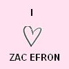 Pink background with a black vertical line above a hand-drawn heart outline and bold black text reading ZAC EFRON below.