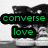 Green pixelated text 'converse' and 'love' on black rectangular backgrounds over a grayscale abstract shape.