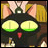 Pixelated black cat with large green eyes and pink ears, tongue out, against a blurred background with yellow and brown tones.