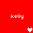 Red background with four white 'kelly' text labels and two pixelated heart symbols, one white and one pink.