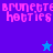 Pixelated text 'brunette hotties' in pink on blue and purple backgrounds with a star symbol.