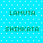 Pixelated text displays 'LAMUTA' and 'SHINKATA' in green on a cyan background with white dots.