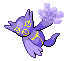 Pixelated purple creature with yellow circular symbols on its face and body, extending one arm forward while emitting a cloud of lighter purple smoke against a gray background.