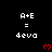 Pixelated black background with white text 'A+E = 4eva' repeated in a , red heart symbols below each text block, and a gray rectangular overlay in the bottom-right corner