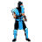 Pixelated character in blue and black martial arts attire performing sequential combat poses against gray background.