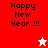 Pixelated 'Happy New Year !!!' text with star symbols on red, white, and pink backgrounds.
