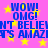 Pixelated blue text on pink background with yellow stars, repeating 'WOW! OMG! I CAN'T BELIEVE IT'S AMAZING!' in two mirrored sections.