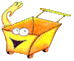 Animated yellow-orange cartoon cart with smiling face, two white eyes, and a waving green dragon tail on gray background.