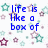 Blue text on white background with star-shaped patterns, displaying a quote about life and chocolates.