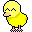 Pixelated yellow chick with closed eyes, pink beak and feet, blue plus sign on head in various poses against gray background.