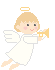 Pixelated angel with blonde hair, white robe, and wings plays a golden trumpet; four variations show different musical notes near the instrument.