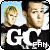 Animated sequence of pixelated icons showing two male figures with 'GC FAN' text, varying poses and background elements.