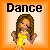 Pixel art of a woman in a yellow dress with long brown hair, standing under the word 'Dance' on an orange background.