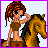 Pixel art buddy icon featuring a cartoon woman on horseback with "I LOVE HORSES" text in purple pixelated font, bordered by bright pink frame.