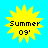 Four identical yellow sunburst icons with black text 'Summer 09' on a bright blue background, arranged in a two-by-two