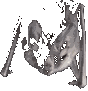 A grayscale cartoon bat-like figure with a long tail stands in profile, holding two spherical objects that change from gray to cyan and yellow.
