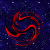 Red swirling line patterns on a dark blue starry background with one gray