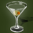 Pixelated image of a martini glass with olive on dark green background, rendered in grayscale tones with orange accent.