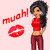 Pixelated image of a woman in red crop top and maroon pants with long dark hair, next to red text 'muah!' and a red lip print on light pink background.