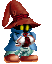 Pixel art character with brown hat, blue robe, and green pants holding a white object, transitioning from closed hands to flame-emitting gestures.