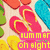 Pixelated beach scene with colorful flip-flops on sand, yellow text reading 'SUMMER oh eight' in pink box.
