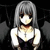 Pixelated anime-style character with gray hair and black wings, wearing a dark dress with white straps and a cross necklace.