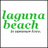 Green 'laguna beach' text on white background with group photo of people in patterned tops and pink accents, plus a heart drawing.
