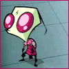 Animated sequence of a green-skinned cartoon character with large pink eyes and red clothing performing actions against a tiled background.