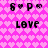 Pixelated pink background with repeating light pink hearts, featuring four identical black text blocks reading 'LOVE' and four identical symbols above them.