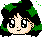 Pixelated anime-style avatar with black hair and green highlights, showing five distinct facial expressions against alternating gray and bright green backgrounds.