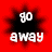 A 48x48 pixel animated buddy icon with three visible frames showing the text 'go away' in white over a black starburst shape on red background, transitioning from full opacity to partial transparency.
