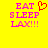 Yellow background with pink text reading EAT SLEEP LAX!!! and a red heart symbol above the 'EAT' on the left side.