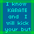 Blue background with cyan pixelated text reading "I know KARATE and I will kick your but" inside a green border