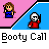Animated contact sheet showing 25 sequential frames of a pixel art buddy icon with two characters on pink and blue diagonal backgrounds, each frame labeled "Booty Call" in gray text below.