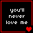 Four black square with red borders display white text 'you'll never love me' and varying heart symbols