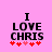 Pixelated text "I LOVE CHRIS" on pink background with red and pink heart symbols below, showing animation change in heart colors.