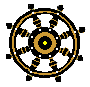 Two pixelated frames of a circular Buddhist Dharma wheel icon with black, gold, and white elements on gray background.