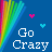 Blue background with rainbow stripes on left; 'Go Crazy' text in white pixelated font, multiple colored hearts above and below the text.