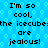 Pixelated blue background with repeating light blue hexagonal pattern and black text repeating 'I'm so cool, the icecubeth are jealous!' in two