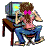 A pixelated figure with brown hair tied by a pink bow sits at a desk, wearing blue jeans and a light pink shirt while holding hands to their head.