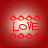 Four identical red circular icons with white glow, each displaying 'LOVE' text surrounded by chain links on a solid red background.