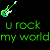 Pixelated guitar icons in green, pink, purple, and red with 'u rock my world' text below each on black background.