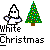 Pixelated white ghost with black eyes and outline holding a small object, next to green Christmas tree with colored ornaments on gray background.