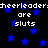 Pixelated text repeats 'cheerleader are sluts' over a black background with blue stars, static image with no visible animation.