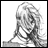 A 48x48 pixel buddy icon split into two sections: a grayscale anime-style character portrait on the left and text elements on the black background right side.