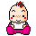 Pixelated character with red mohawk, pink cheeks, and white bib sits in pink pants; right-side frame shows arms raised.