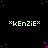 *kEnZiE* text in light green with asterisks on black background, scattered pink dots; gray rectangle partially obscures bottom-right corner.