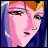 Pixelated anime-style character face with pink skin, orange hair, and blue background, next to stylized text on black background.