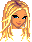 Pixelated cartoon-style icon of a blonde woman with long flowing hair, blue eyes, and a slight smile against a gray background.
